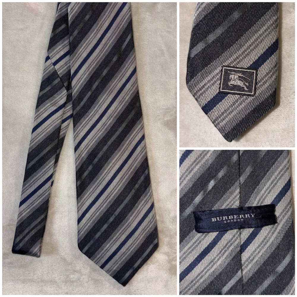 Burberry London Mens Silk Tie Grey Blue Striped Italy Prorsum Knight Logo